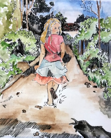 Drawing of a young girl looking behind her at a raven.